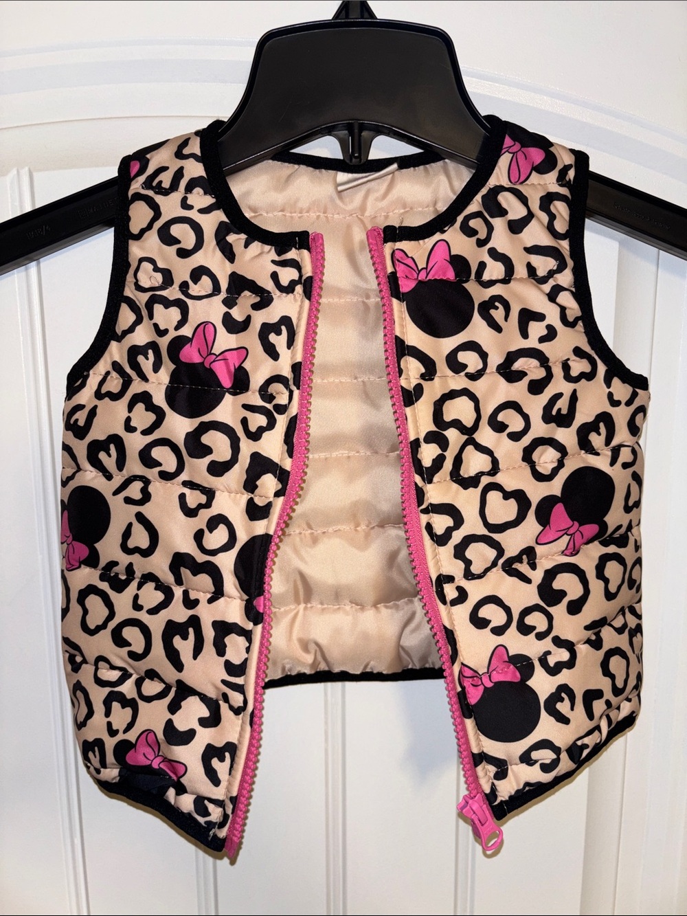 Disney Minnie Mouse Beige and Pink Cheetah Print Toddler Puffer Vest 2 T